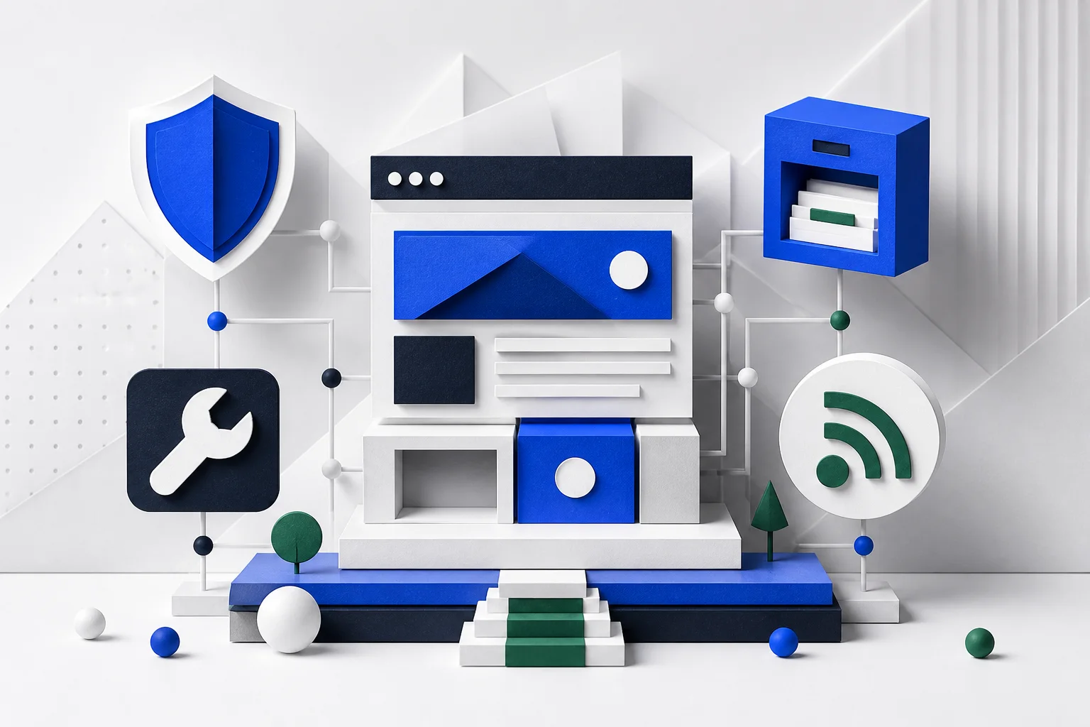 A modular website surrounded by symbols for security, maintenance, backups and communication