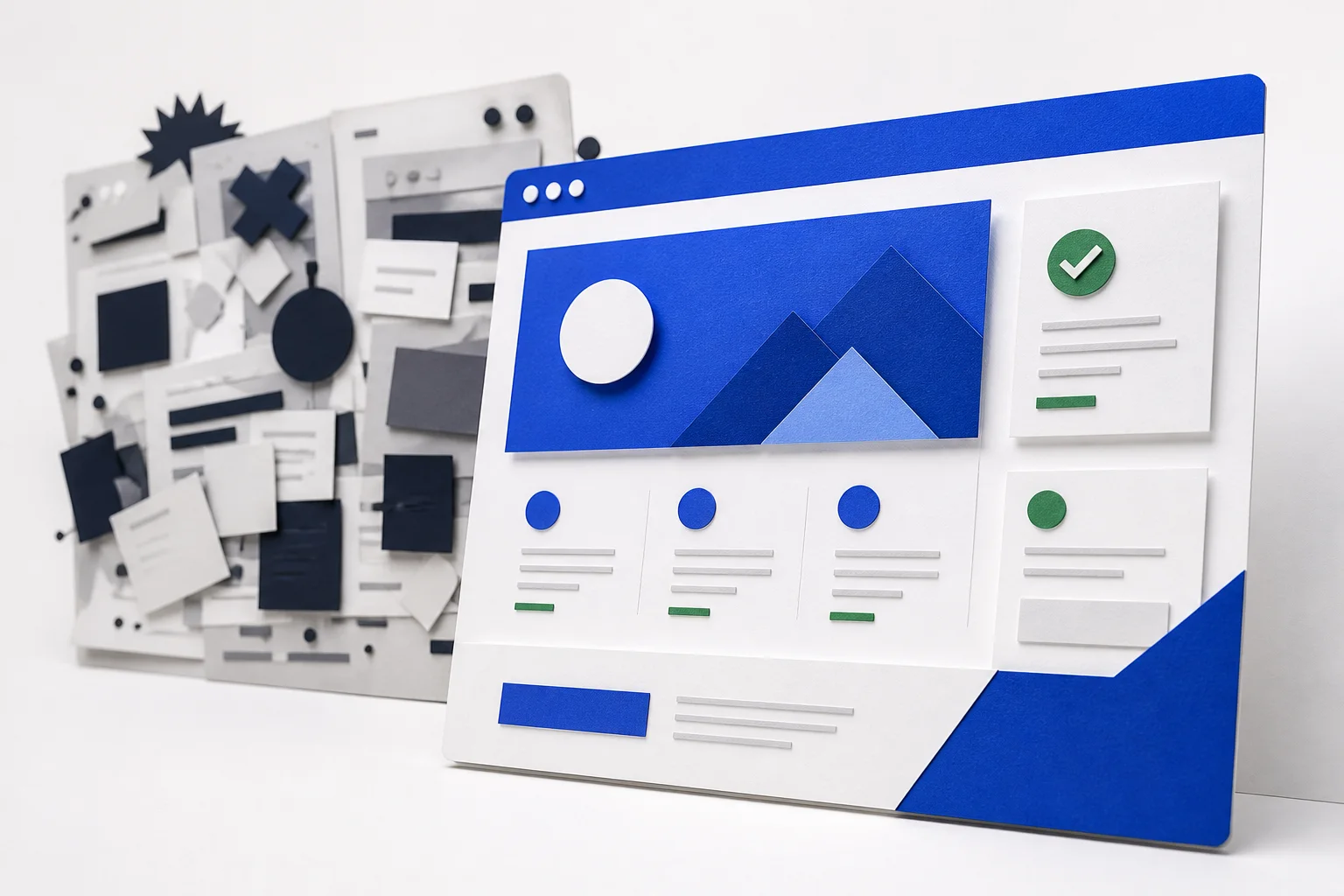 A calm and ordered website composition contrasted with a crowded, unstable layout