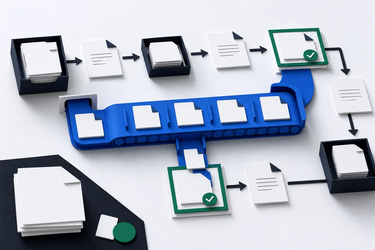A small automated conveyor handling repetitive documents within an existing workflow