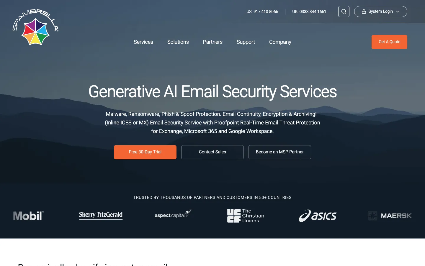 Spambrella email security website homepage with service options and customer calls to action