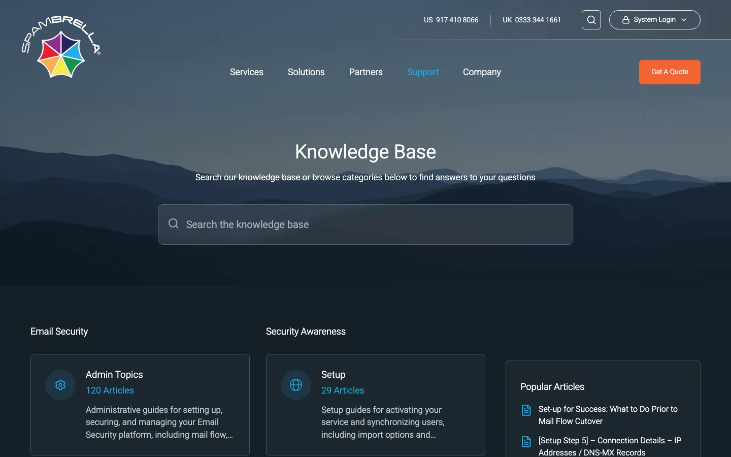 Spambrella knowledge base with search, support categories and popular articles